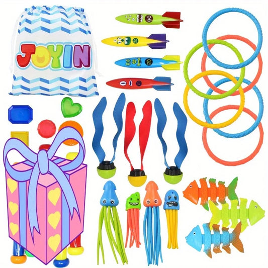 Joyfy 30 Pcs Diving Pool Toys for Kids Jumbo Set with Storage Bag Pool Games Summer Swim Water FishToys Multi-Item Party Favor