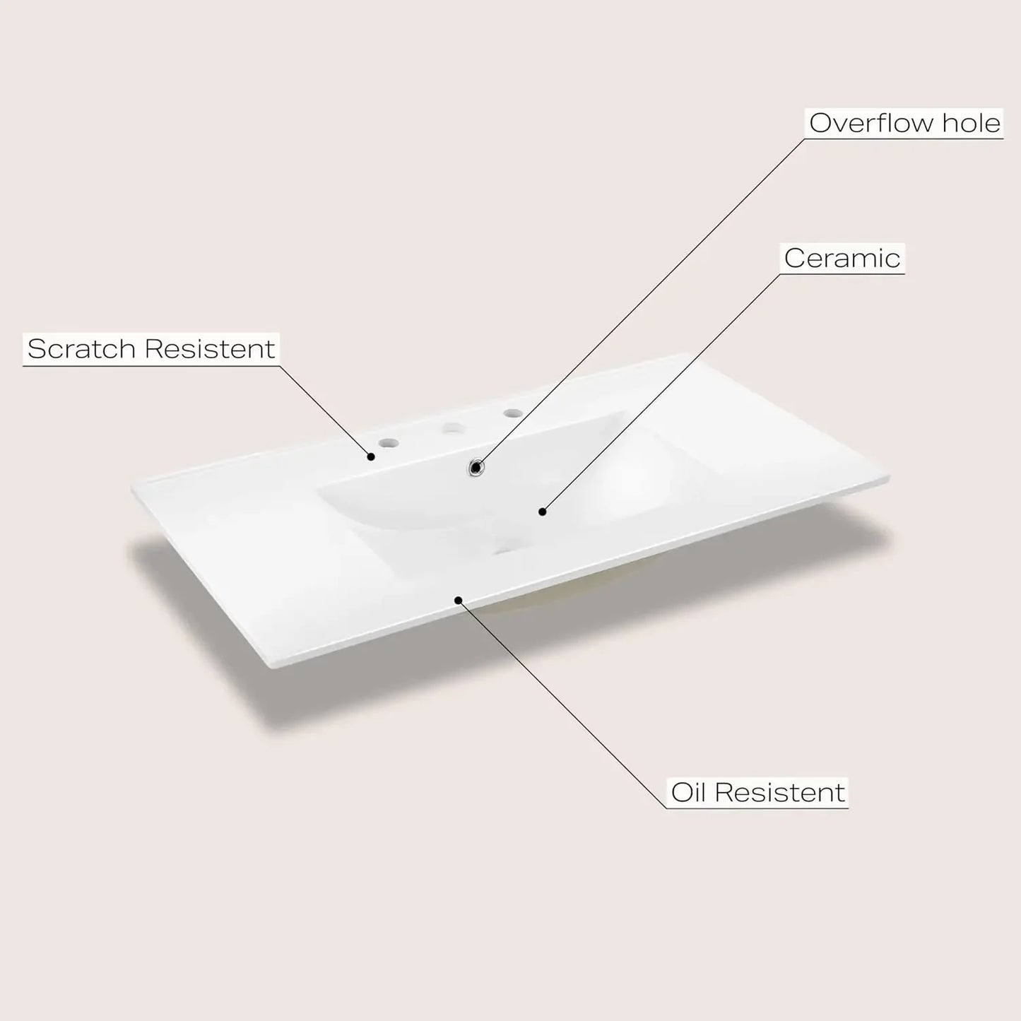 SNK1003A Ancillary 3-Hole 36 In. W X 18.25 In. D Classic Contemporary Rectangular Ceramic Single Sink Basin Vanity Top, White,cu