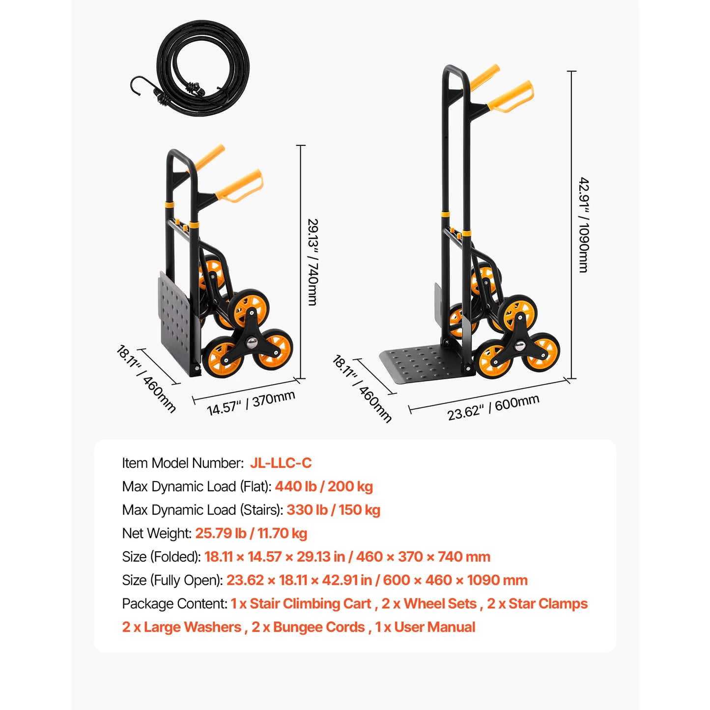 SucceBuy 440/770 lbs Folding Hand Truck Dolly with 6 Wheels & 2 Elastic Ropes Stair Climbing Cart for Shopping Moving Warehouse