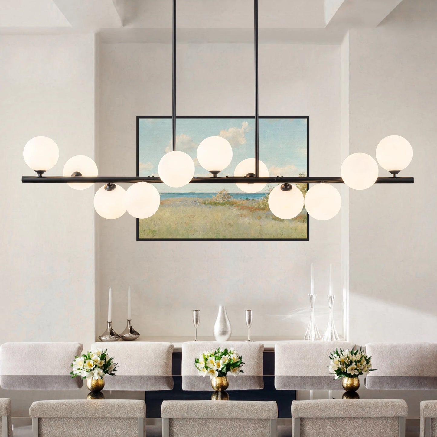 11-Light Linear Chandelier Bubble Chandelier Height Adjustable Chandeliers for Dining Room Kitchen Island 51in Chandelier