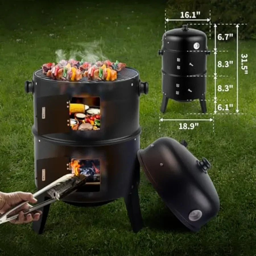 18 Inch Multi-Layer Charcoal BBQ Smoker Grill for Outdoor Cooking, Patio, Parties, Backyard Heavy Duty Steel, Black, with Built