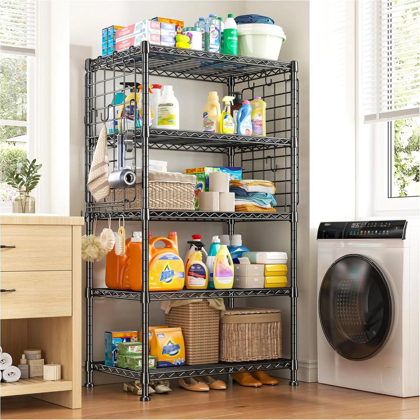 5 Tier Metal Shelving with Side Hanging Net Hooks, Adjustable Storage Shelves,530LBS Wire Shelving for Kitchen,Customized