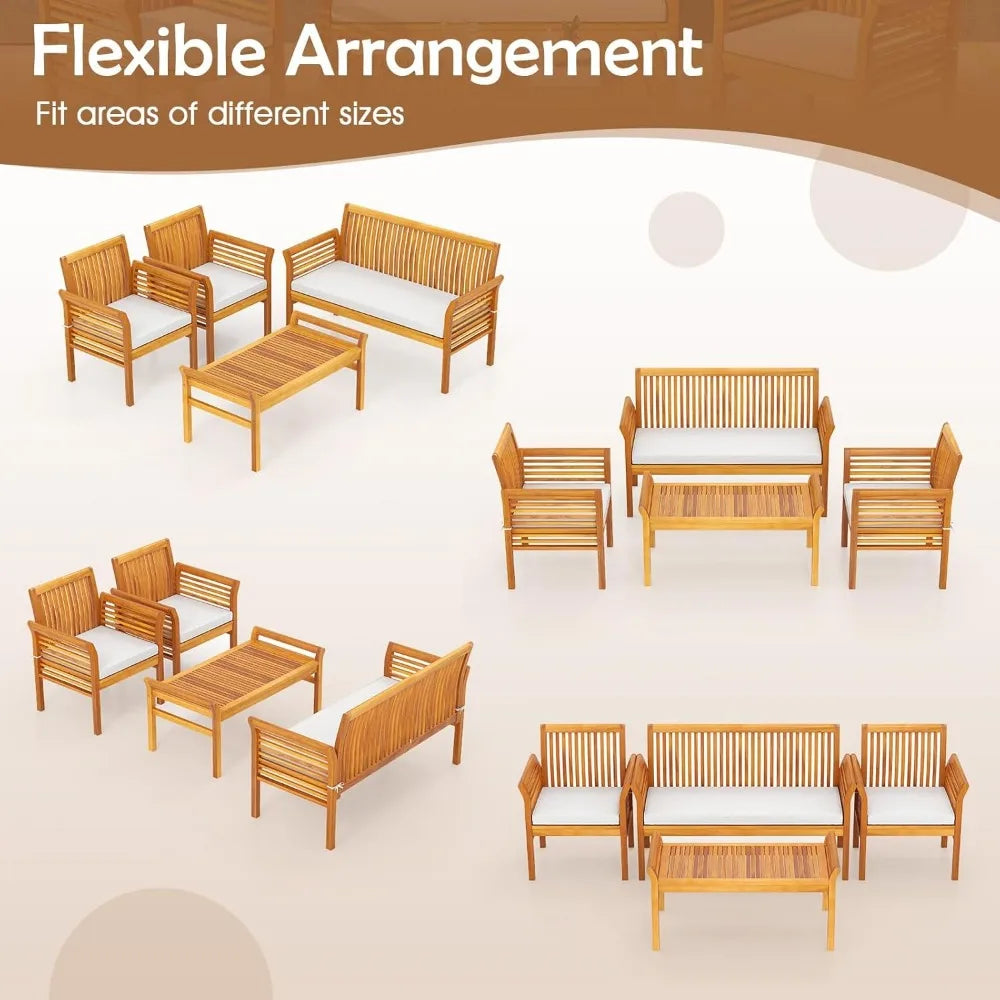 4 Piece Patio Conversation Sets, Acacia Padded Outside Furniture w/Removable & Washable Cushions, Slatted Design, Patio Furnitur