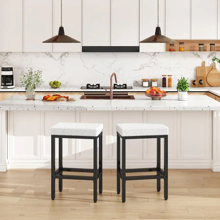 26 Inch Counter Height Bar Stools Set of 2, White Modern Kitchen Barstools with Metal Leg, Bar Stool Chairs for Kitchen Island C