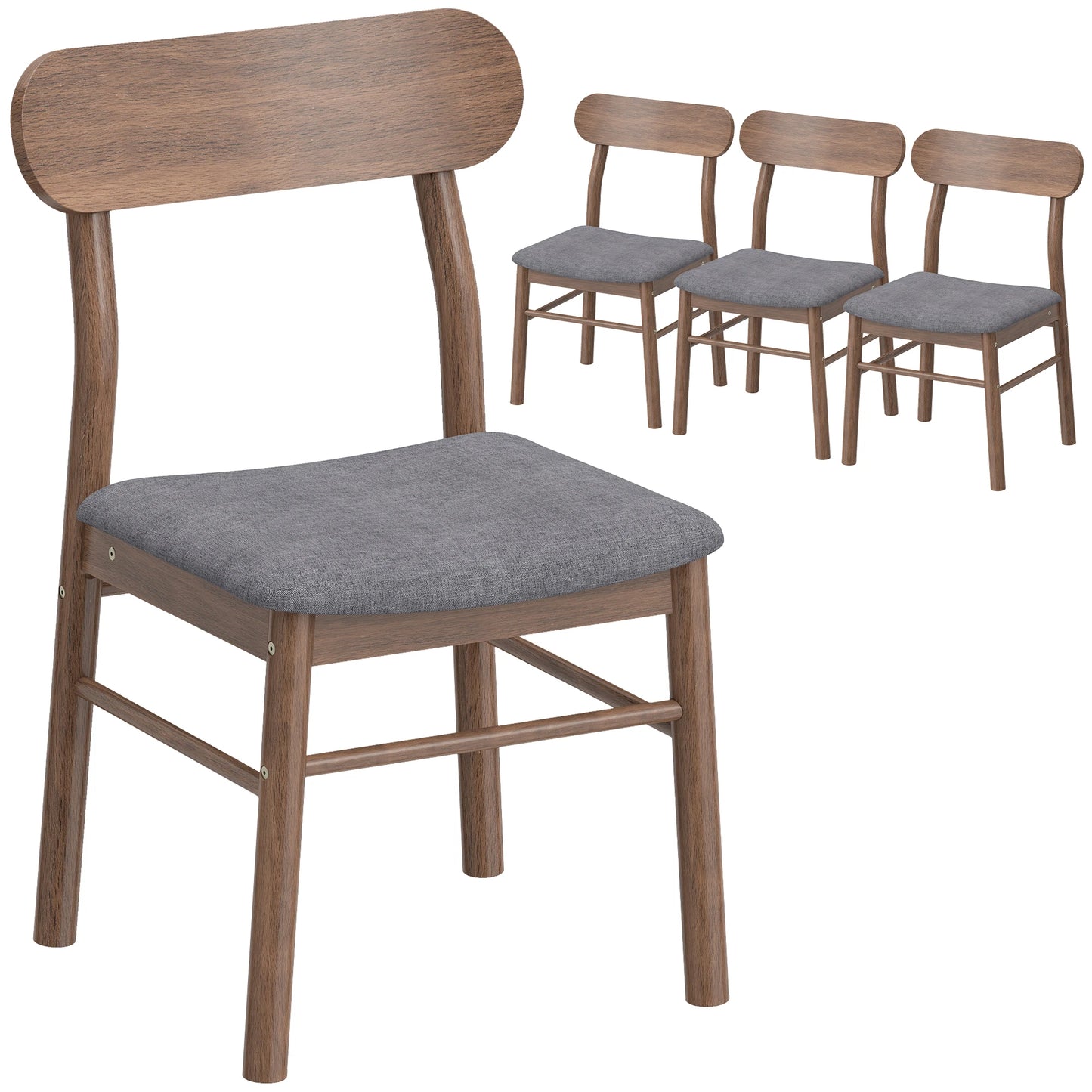 Homcom Dining Chairs Set of 4, Upholstered Solid Wood Kitchen Chairs, Mid-Century Modern Dining Room Chairs with Ergonomic Curved Backrest, Gray