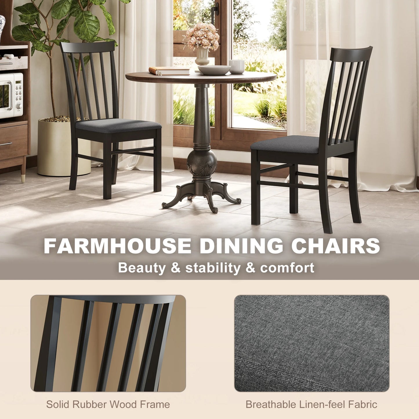 HOMCOM Wooden Dining Chairs Set, Farmhouse Upholstered Kitchen Chairs with Rubber Wood Frame for Living Room, Dining Room, Black and Gray, Set of 2