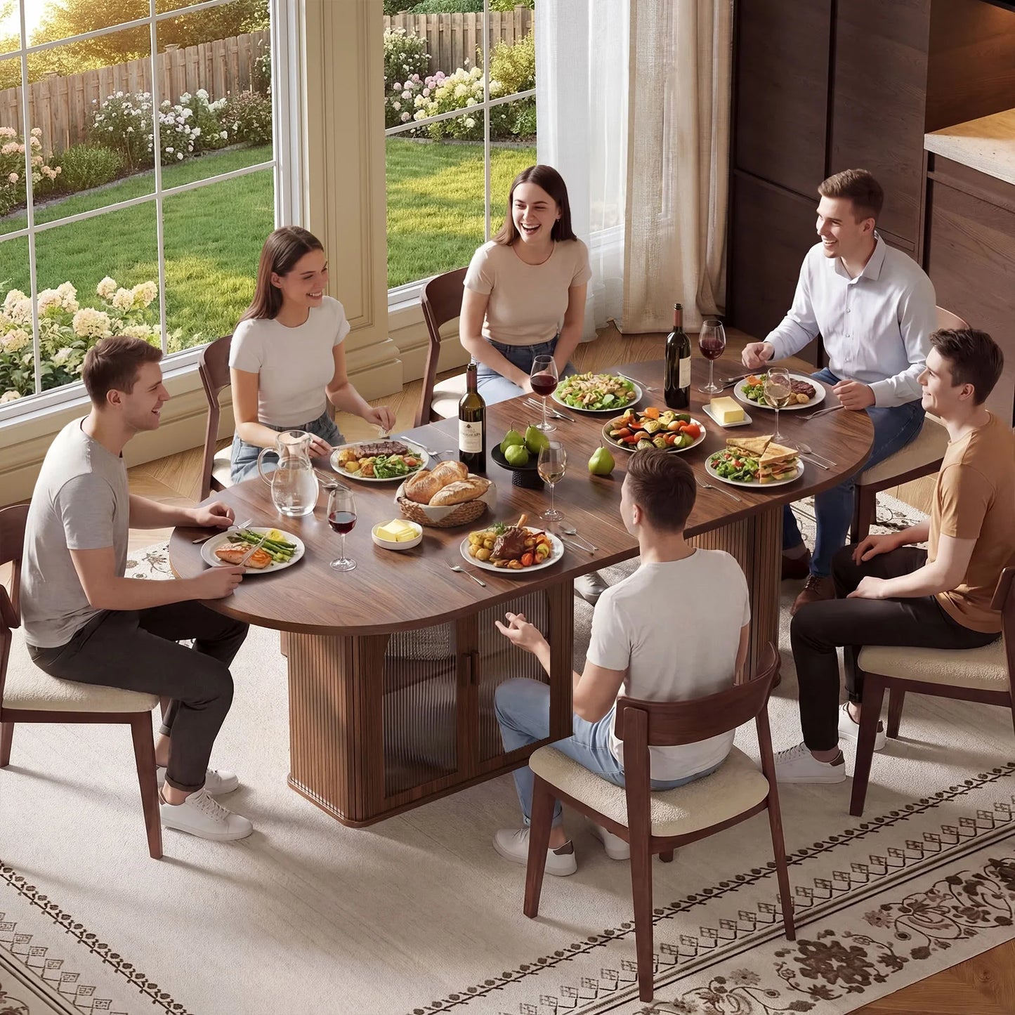 Walnut 70 Inch Oval Dining Table for 6-8 People, Modern Large Dining Room Table with 2-Tier Storage Space, Wood Center Kitchen Table with LED Light, Dinner Table with Heavy Duty Legs