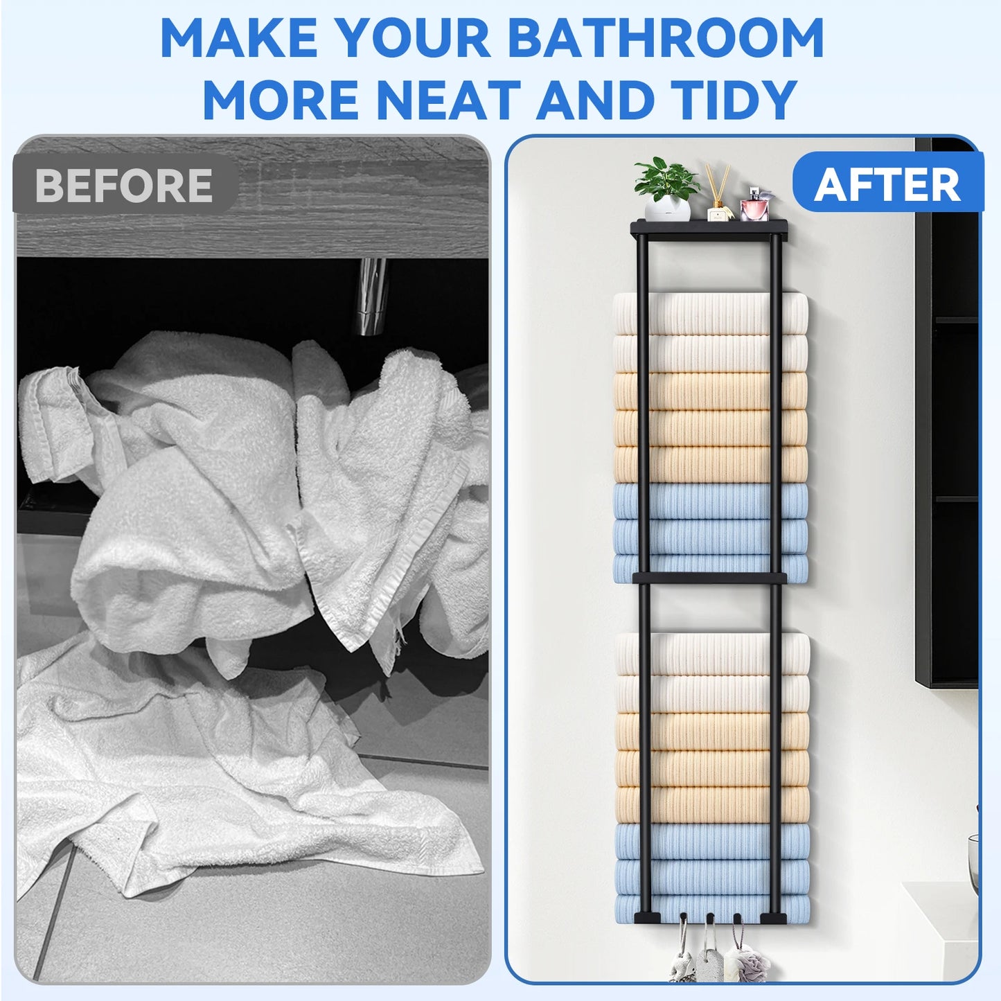 Towel Racks for Bathroom 3 Tier Towel Holder with Shelf & 6 Hooks Wall Mounted Vertical Rolled Towel Storage Organizer Hoder