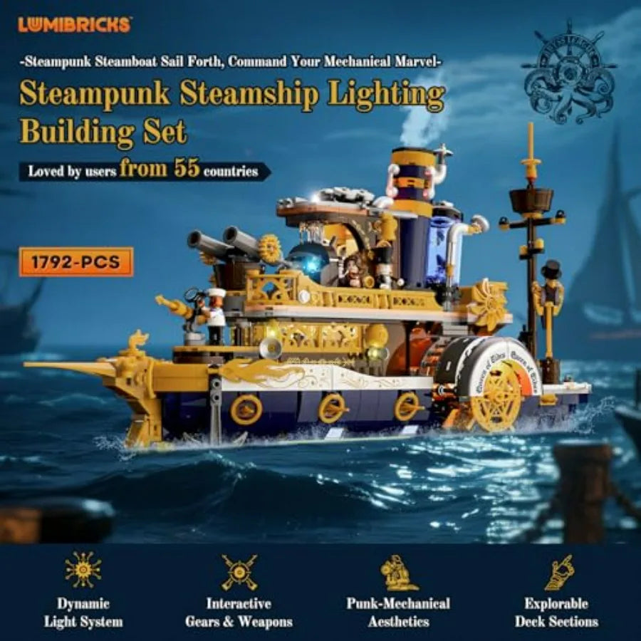 Steampunk Steamship Lighting Building Bricks Set - 1792 Pcs Pirate Ship Destroyer Playset with Minifigures for Adults Teens Ste