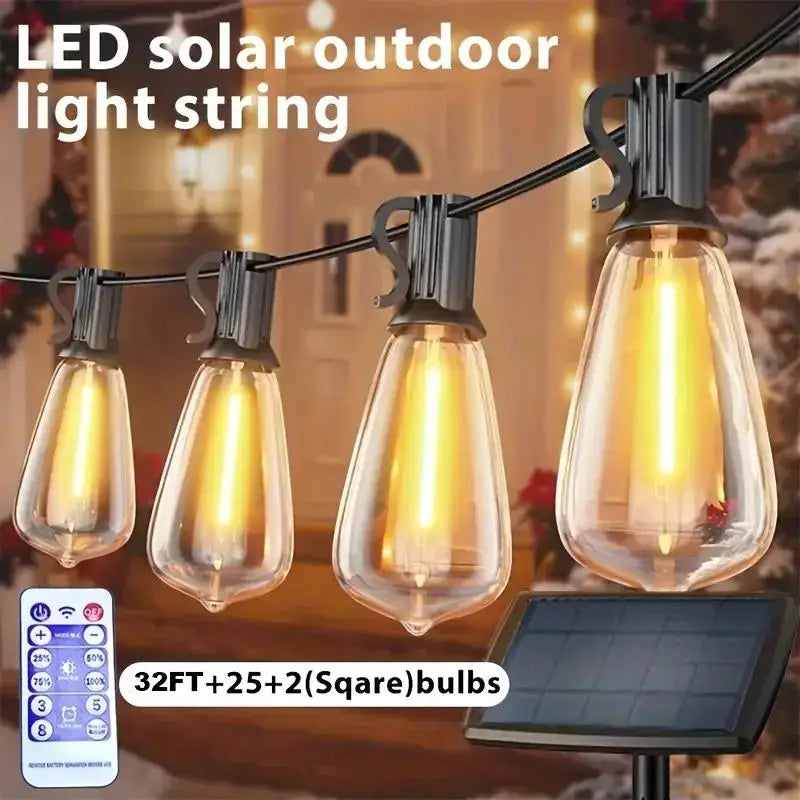 Solar Rechargeable Outdoor LED String Lights, 32 Feet Commercial Grade, 25+2 Edison Bulbs Adjustable Ambient Lights