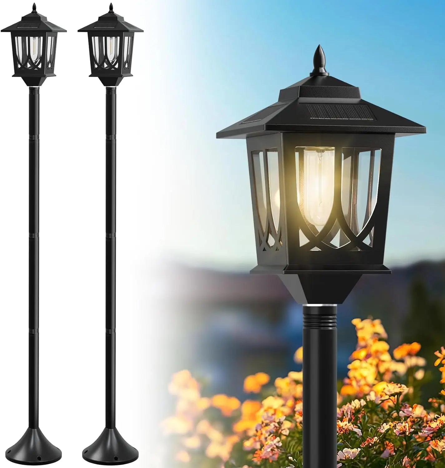 63" Solar Lamp Post Light 2 Pack, Waterproof Outdoor Lights for Patio, Backyard, Porch Decor with Warm White Replaceable Bulb