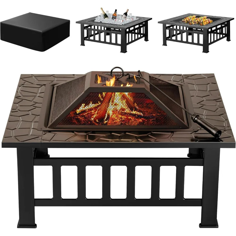 Devoko Outdoor Fire Pit, 32 Inch Firepit Table Metal Outdoor Fireplaces with Waterproof Cover for Outside Patio Camping (Black)