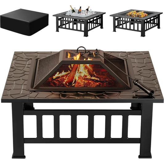 Devoko Outdoor Fire Pit, 32 Inch Firepit Table Metal Outdoor Fireplaces with Waterproof Cover for Outside Patio Camping (Black)