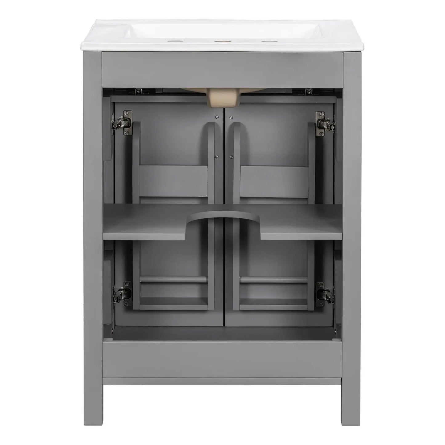 Grey Solid Wood Bathroom Vanities Ceramic Sink Combo Space Saving Doors Cabinet Set for Small Contemporary Bathrooms