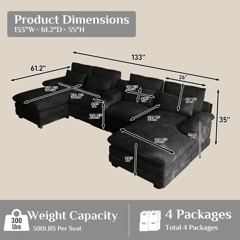 Oversized Plush Chenille Sectional Sofa with Center Console, USB Ports, Cup Holders, Black