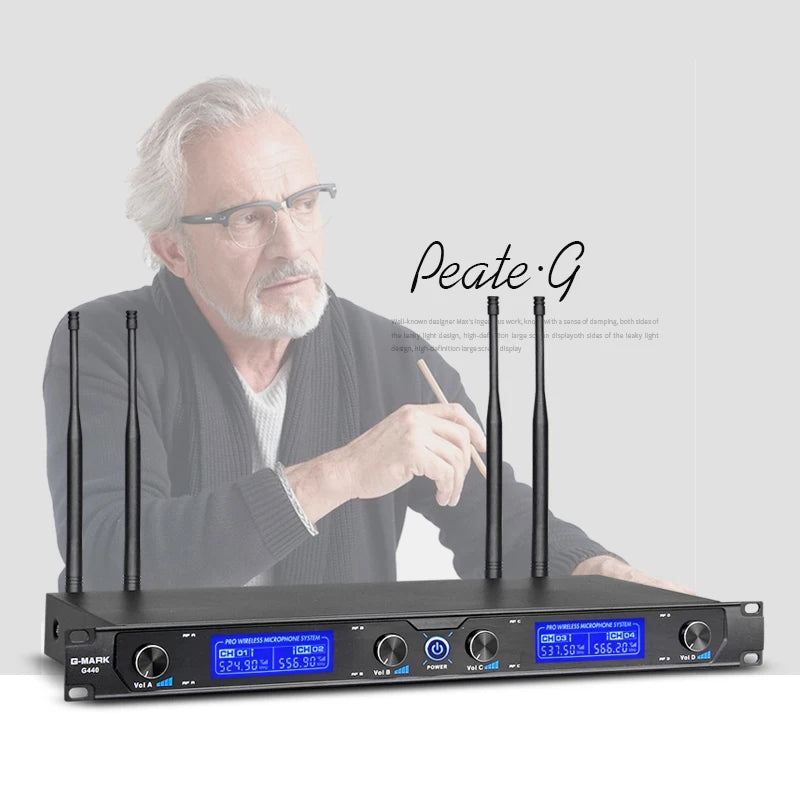 G-MARK Wireless Microphone System, 4 Channel Wireless Microphones with Rechargeable Handheld Mics, 250FT Range, UHF Metal Cordle