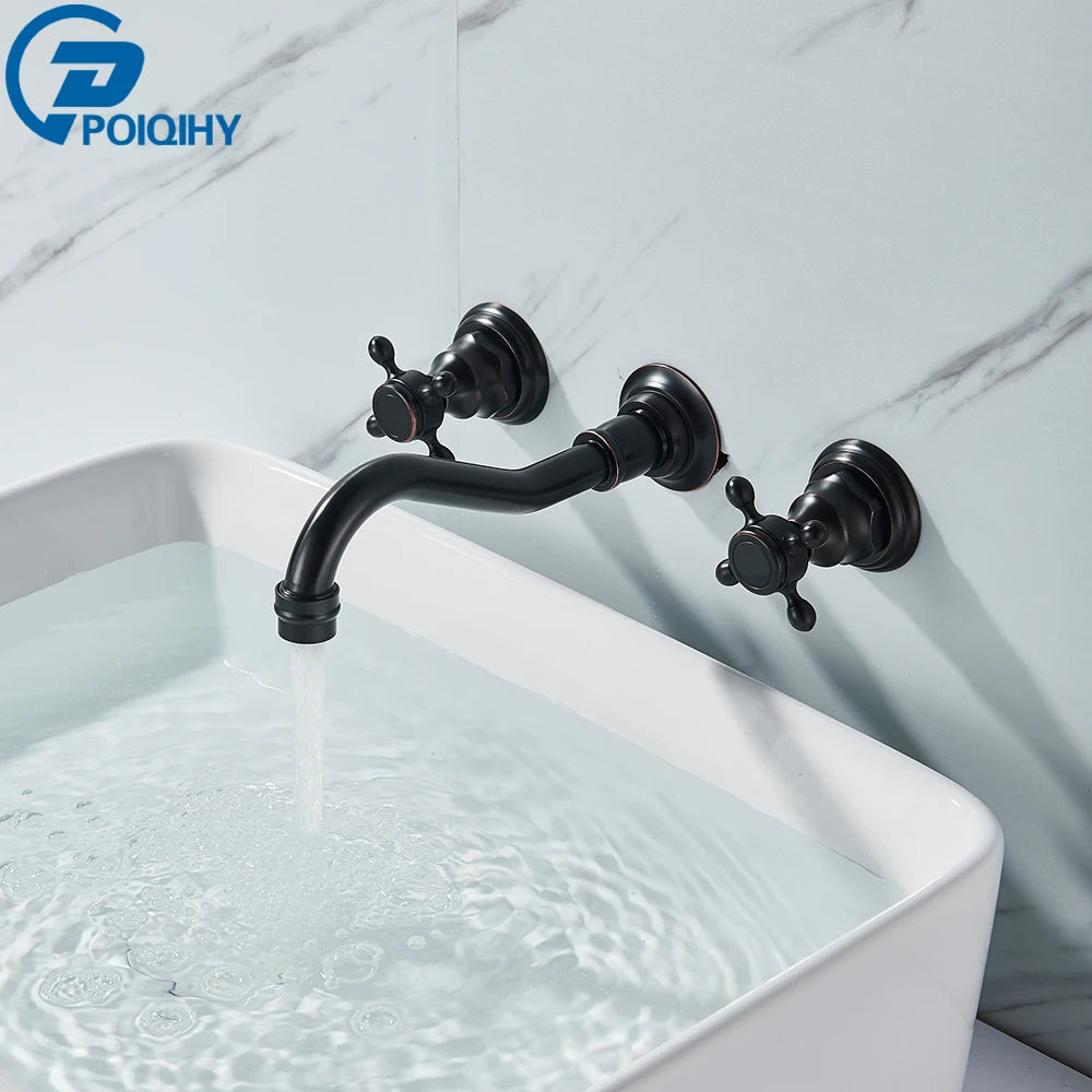 POIQIHY Antique Brass Bathtub Mixer Taps 3 pcs Basin Faucet Dual Handles Hot and Cold Tap Wall Mounted Basin Faucet