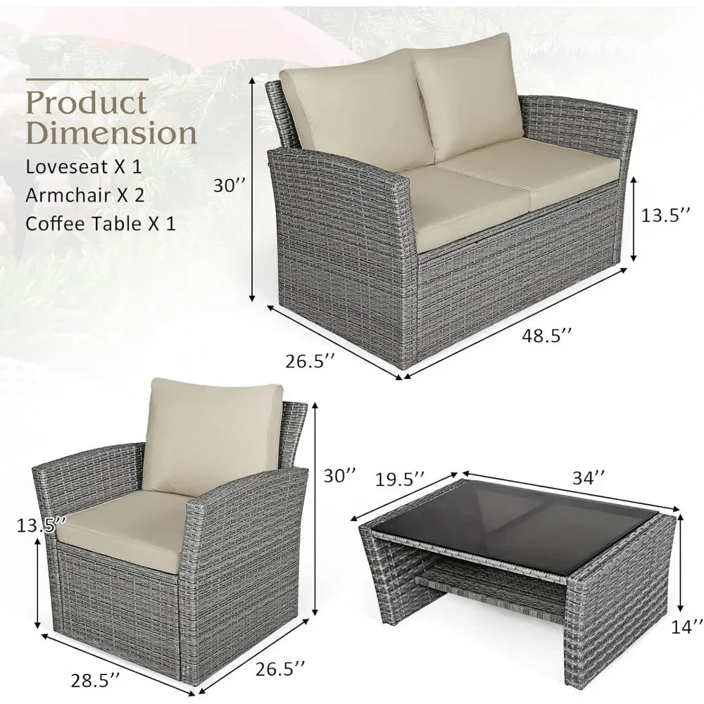 4 Pieces Patio Furniture Set, with Cushions & Tempered Glass Table,  for Backyard Garden Poolside, Wicker Conversation Couch Set