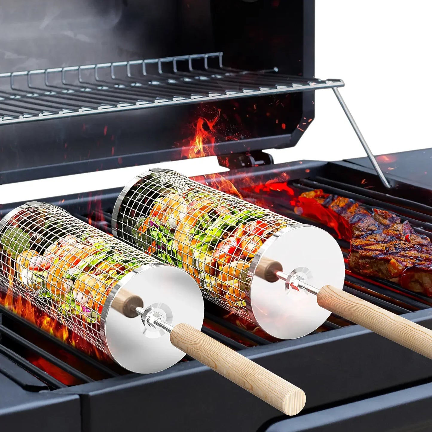 ivtivfu Rolling Grill Baskets 2PCS with Removable Wooden Handles Nesting Design 304 Stainless Steel BBQ Accessories for Vegetables Shrimp Outdoor Camping Kitchen Birthday Gifts for Men Dad Husband - Food
