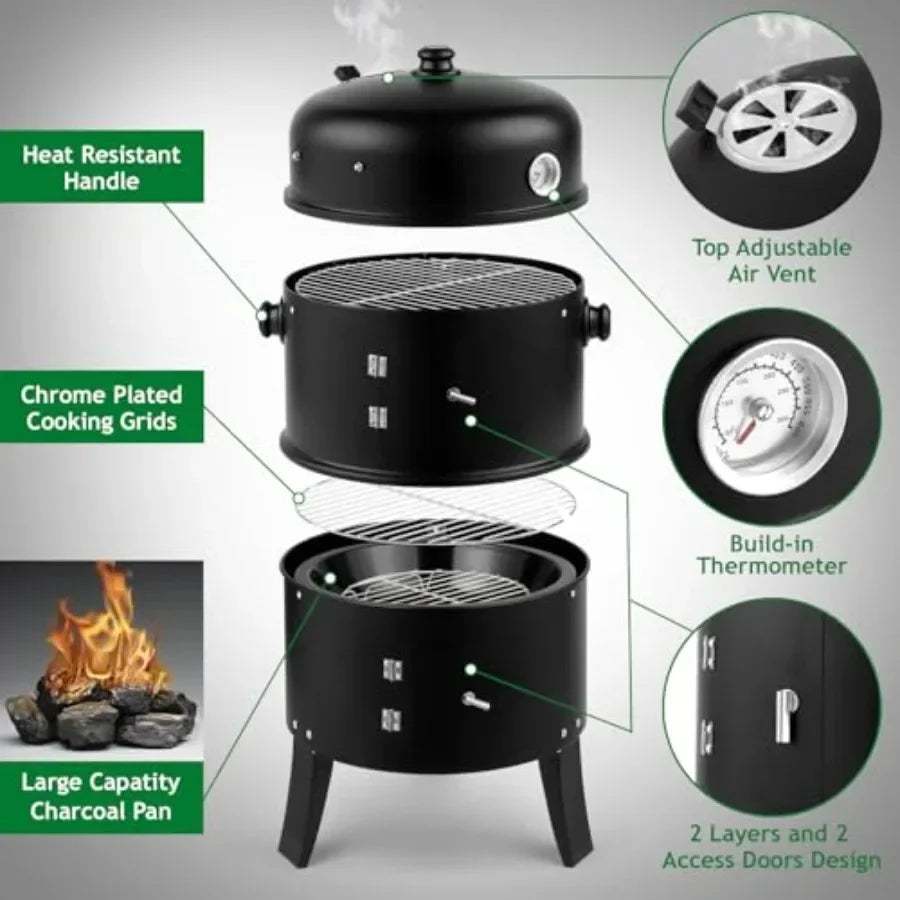 18 Inch Multi-Layer Charcoal BBQ Smoker Grill for Outdoor Cooking, Patio, Parties, Backyard Heavy Duty Steel, Black, with Built
