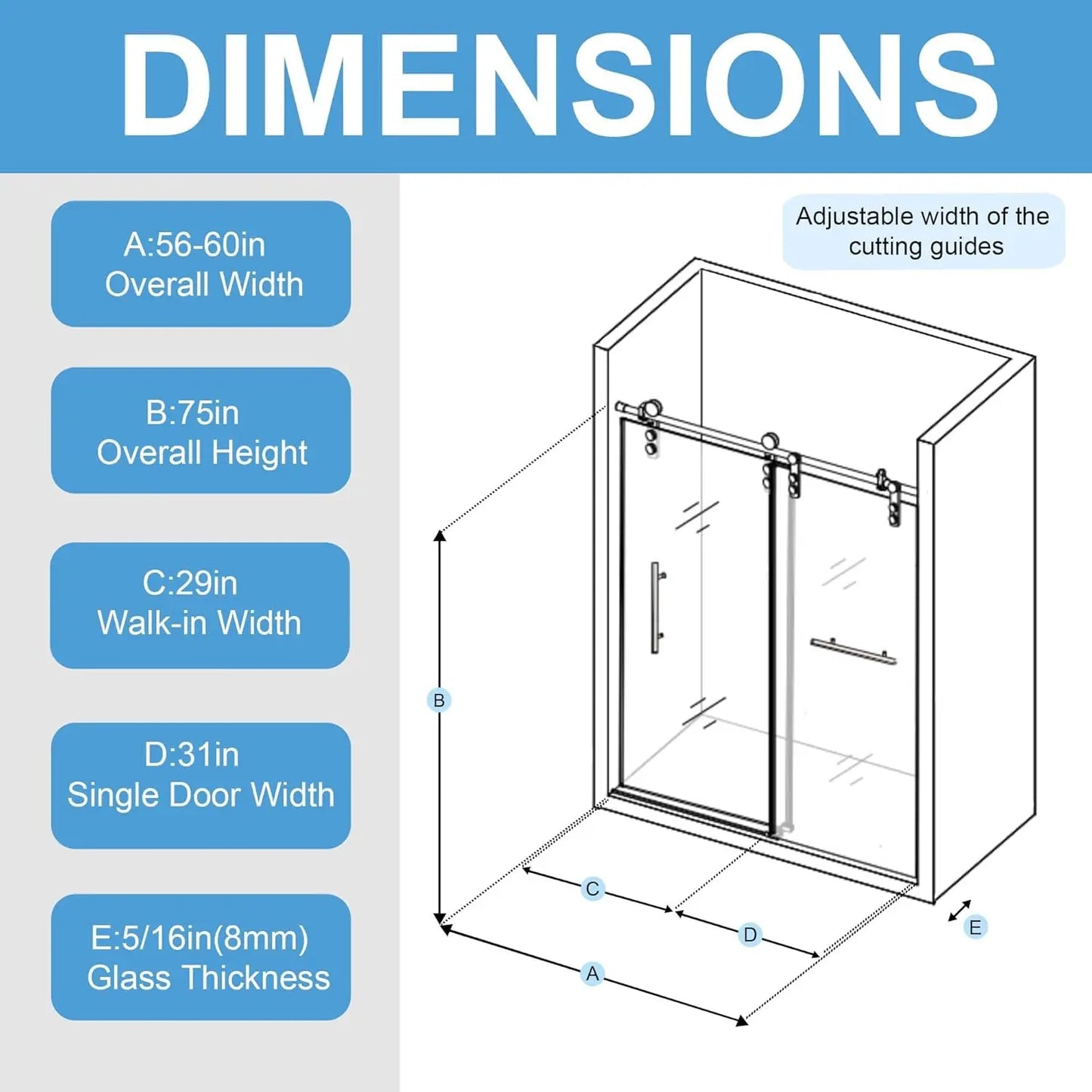 Frameless Shower Door 56-60" W x 76" H, Bathroom Sliding Glass Shower Door with 5/16" (8mm) Clear SGCC Tempered Glass