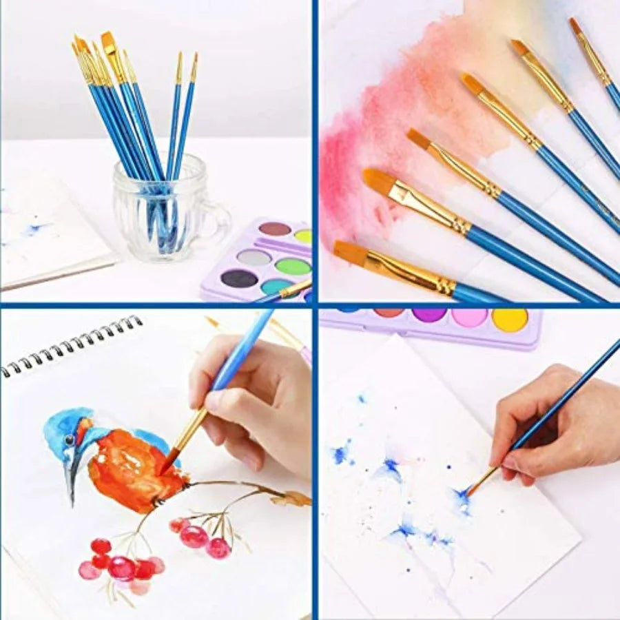 Acrylic Paint Brush Set 1 Pack 10 pcs Watercolor Brushes with Nylon Hair for All Purpose Oil Watercolor Painting Artist Profess