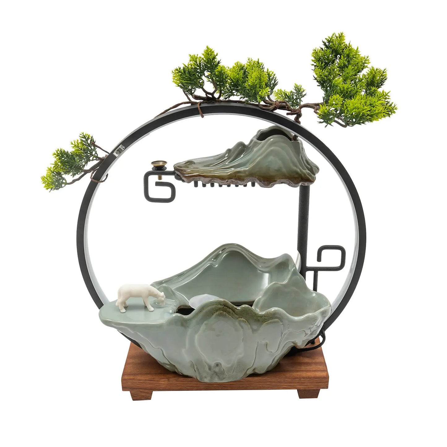 Indoor Tabletop Water Fountain Waterfall Decoration With Mist Rockery Horse Plants LED Quiet For Meditation Feng Shui Home Decor