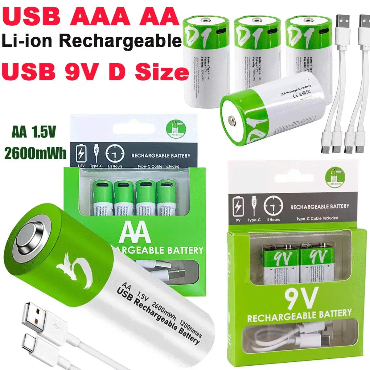 Fast Charge USB AAA/AA/9V/C2/D1 Rechargeable Li-ion Batteries AAA Battery 550mWH / AA Battery 2600mWH /D size With Type C Cable