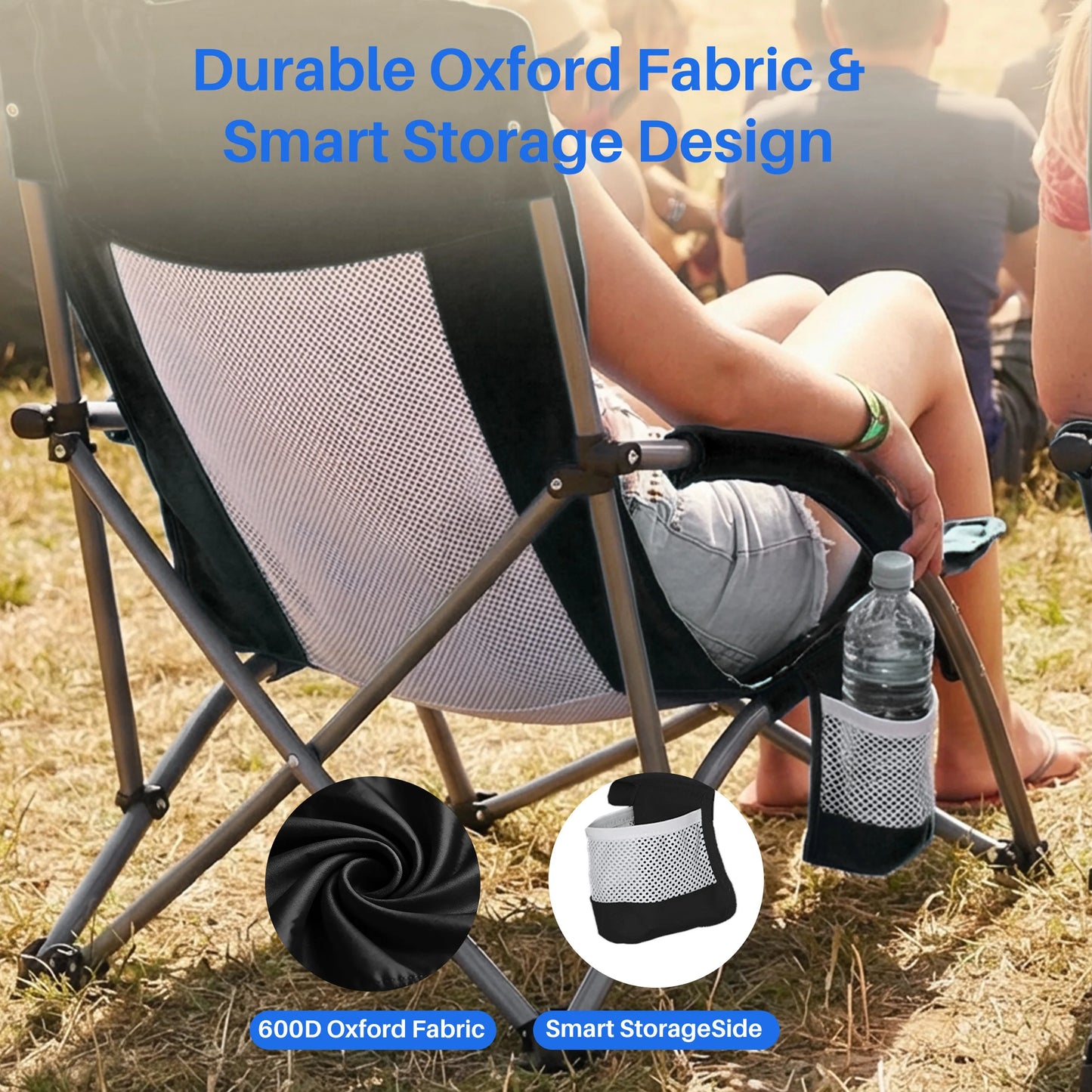 JHK Portable Lightweight Low Camping Beach Chair Mesh Back Padded Armrests Folding Beach Chair with Cup Holder Storage Pocket for Camp Picnic Lawn