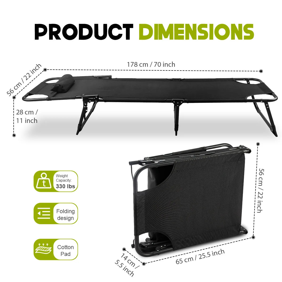 Adjustable Folding Camping Lounge Chair with Removable Soft Cushion, 3 Position Reclining Portable Beach Tanning Chair, Heavy Duty 330 LBS Fold Up Outdoor Chaise Lounge for Pool Patio Office Napping Indoor & Backyard