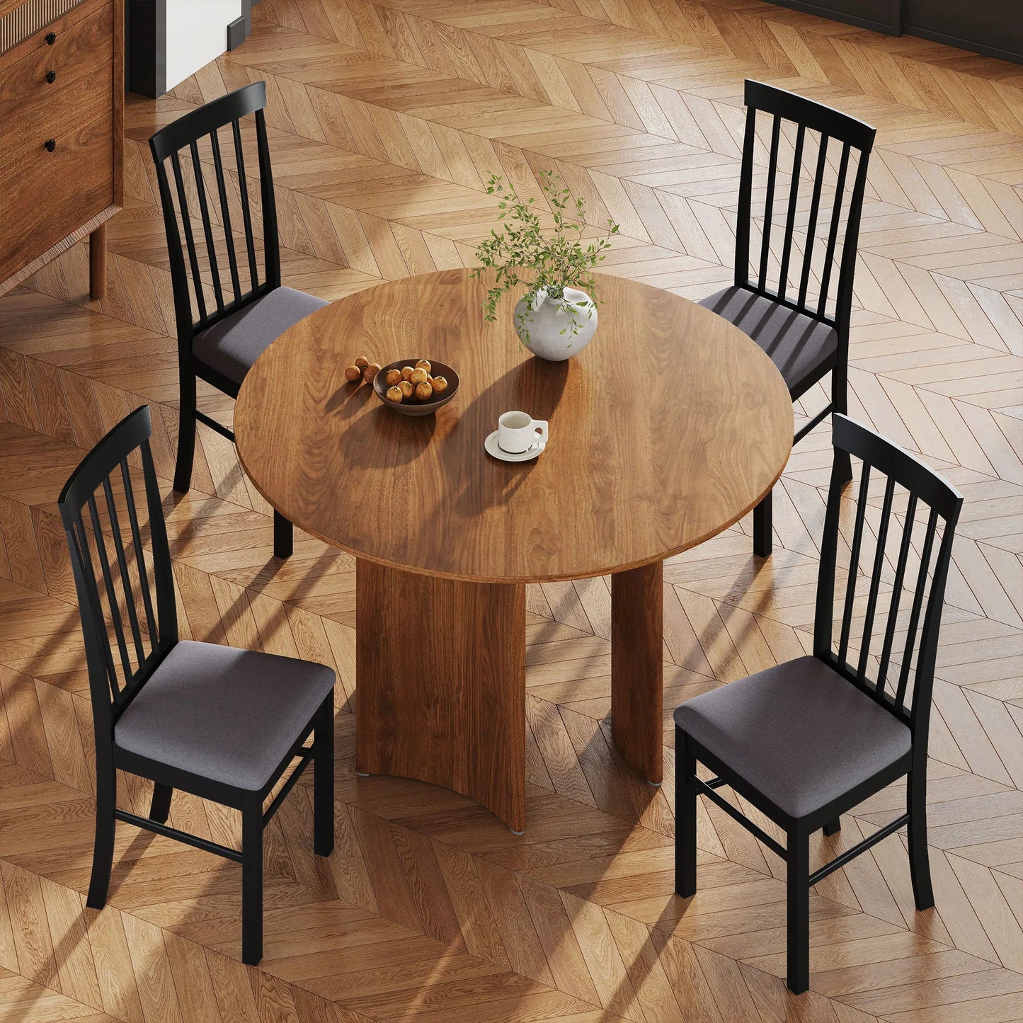 HOMCOM Wooden Dining Chairs Set, Farmhouse Upholstered Kitchen Chairs with Rubber Wood Frame for Living Room, Dining Room, Black and Gray, Set of 2