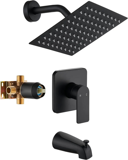 Matte Black Tub Shower Faucet Set with 8-Inch Rainfall Head, Spout, and Trim Kit