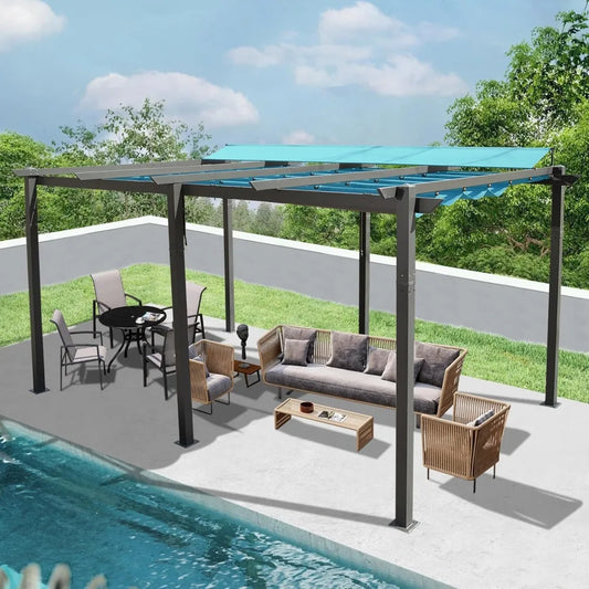 Outdoor Living 11’ X 16’ Outdoor Retractable Pergola with Weather-Resistant Canopy Aluminum Garden Pergola Patio Grill Gaze