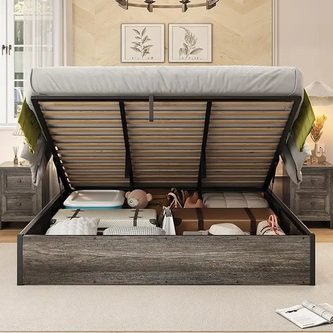 Lift Up Storage Bed, Queen Bed Frame with Storage Underneath, Wooden Platform Bed Frame, Solid Wood Slats Support