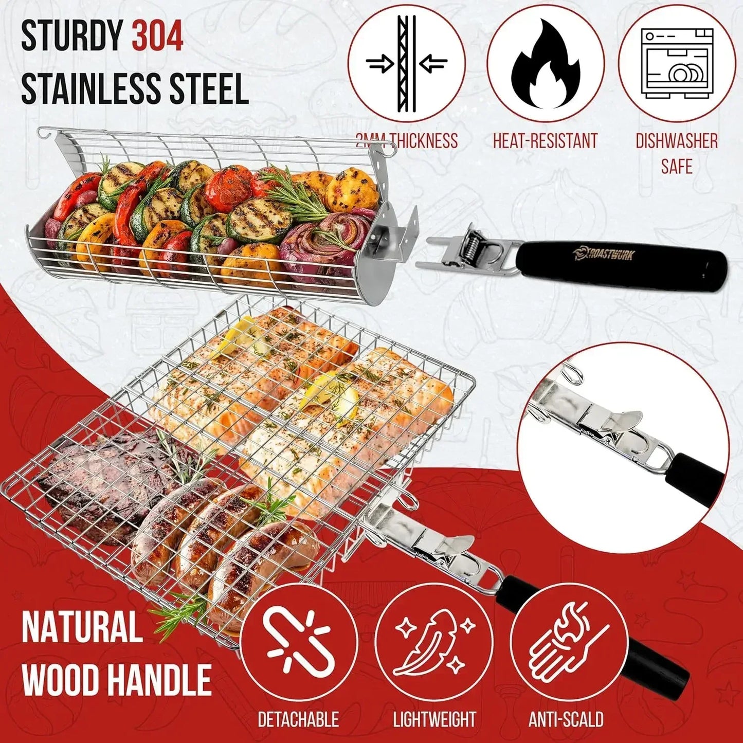 2-in-1 BBQ Grill Basket Set - Stainless Steel 304 for Meat, Fish, Vegetables - Removable Wooden Handle, Outdoor Camping & Tailgating