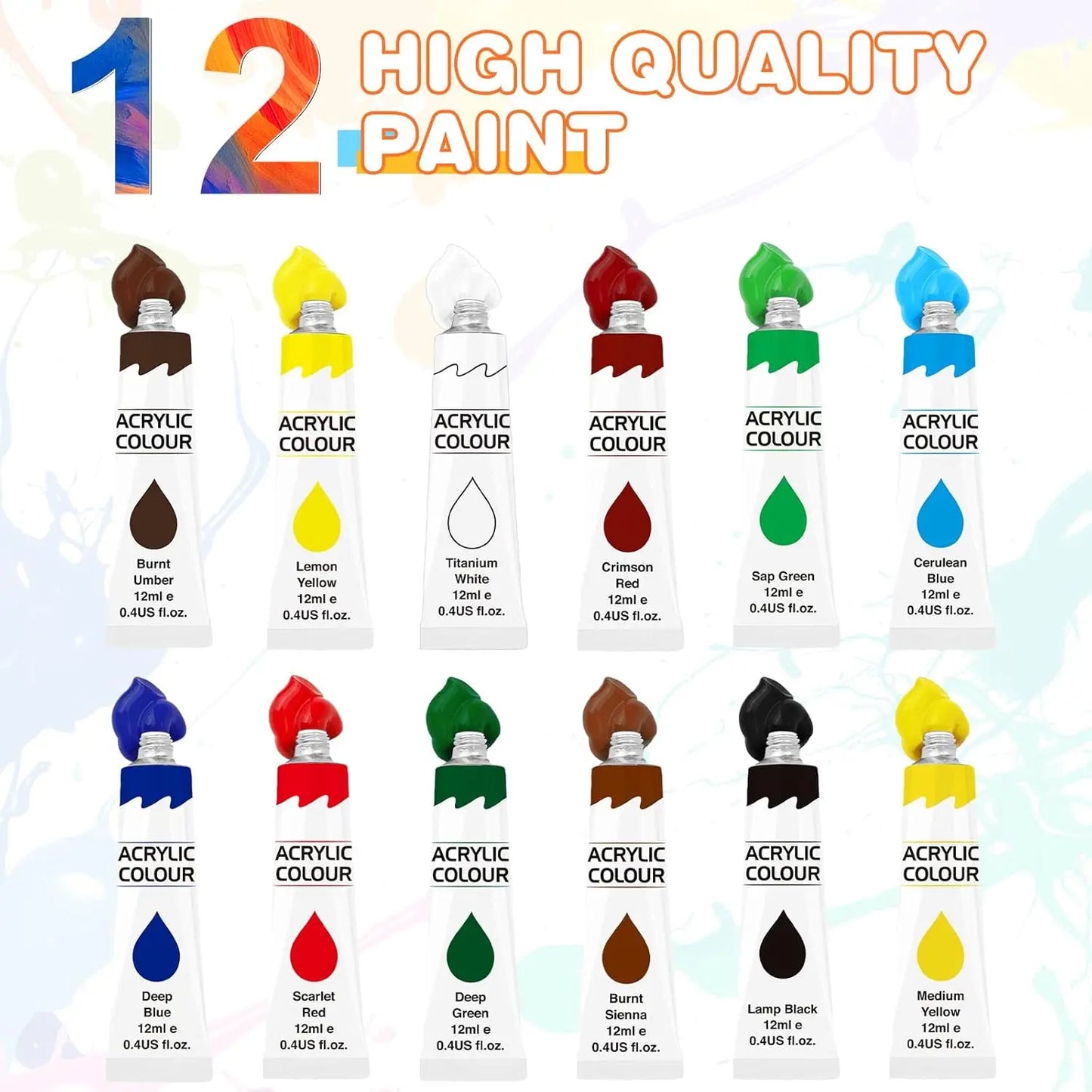 Acrylic Paint Set 12 Colors with 20 Paint Brushes, Non-Toxic Craft Kit for Adults and Beginners, Perfect for Canvas, Paper, Wood