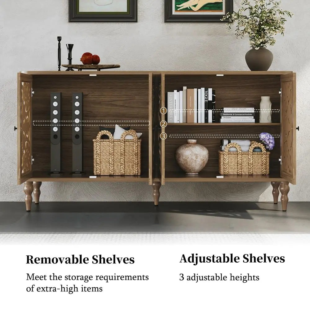 63 Retro Arc Carved Sideboard Buffet Cabinet, 4 Craft Doors Wooden Accent Credenza for Living Room, Dining Room, Entryway, Hall