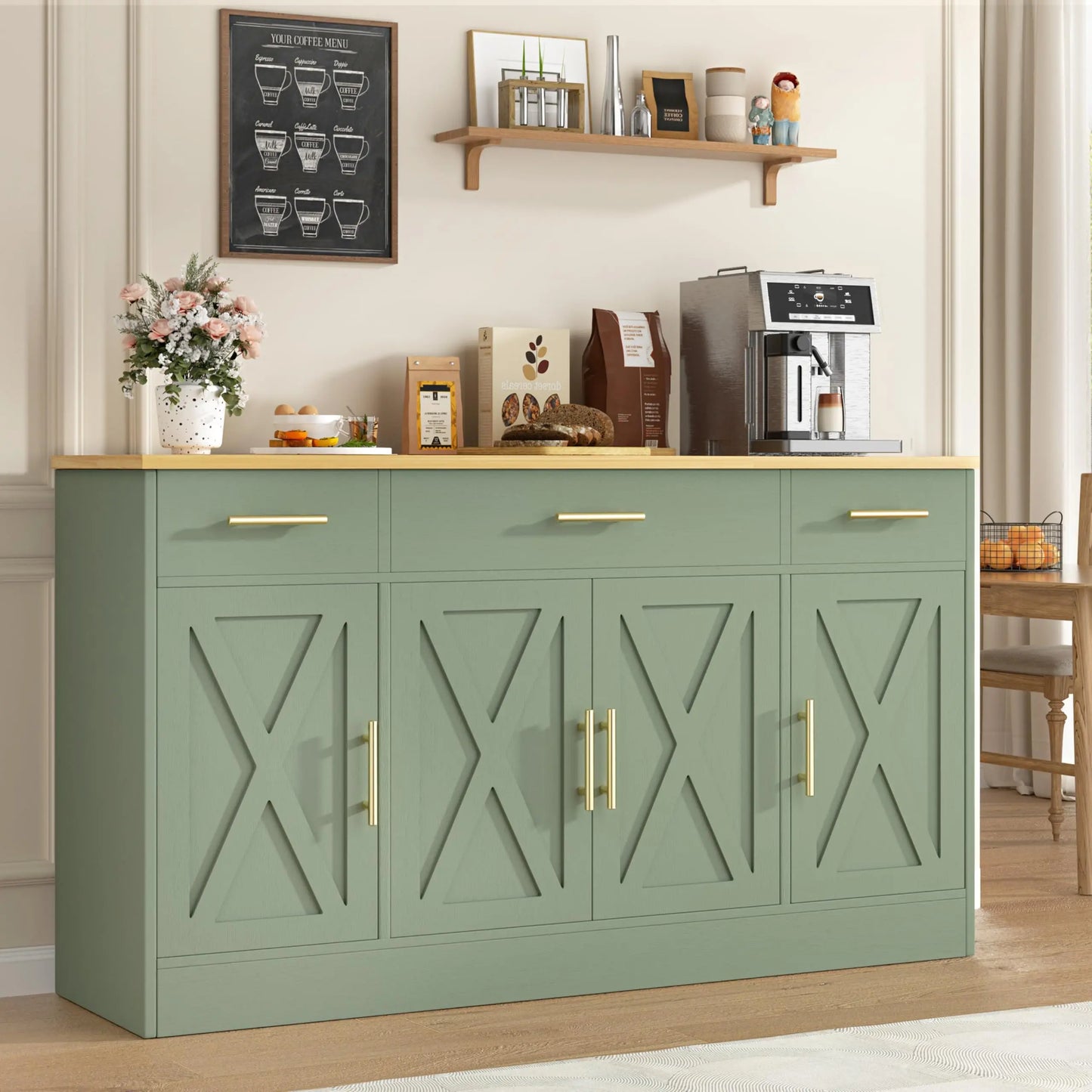Vongrasig Farmhouse Buffet Cabinet Drawers Adjustable Shelves Large Sideboard Kitchen Dining Room Storage White