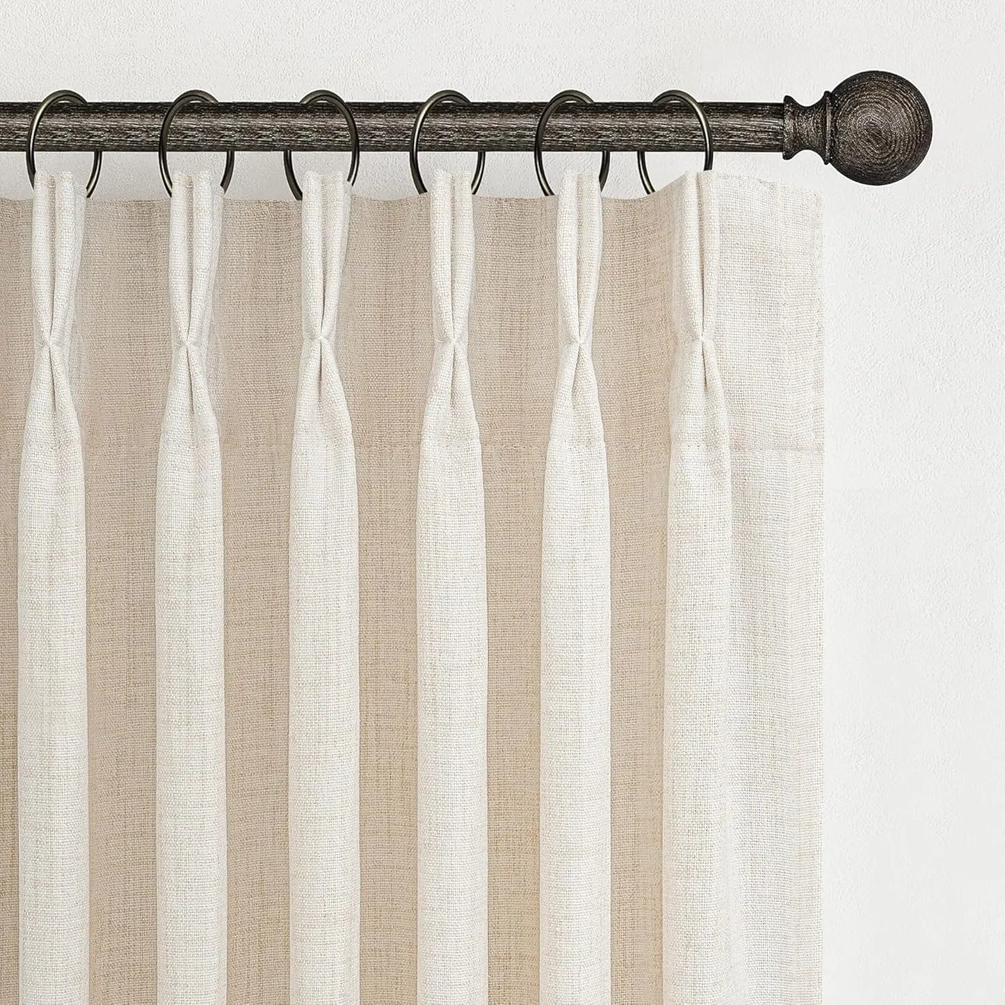 Pinch Pleated Linen Curtains 96 Inches Long, Light Filtering Boho Drape for Living Room Bedroom with Hooks & Rings