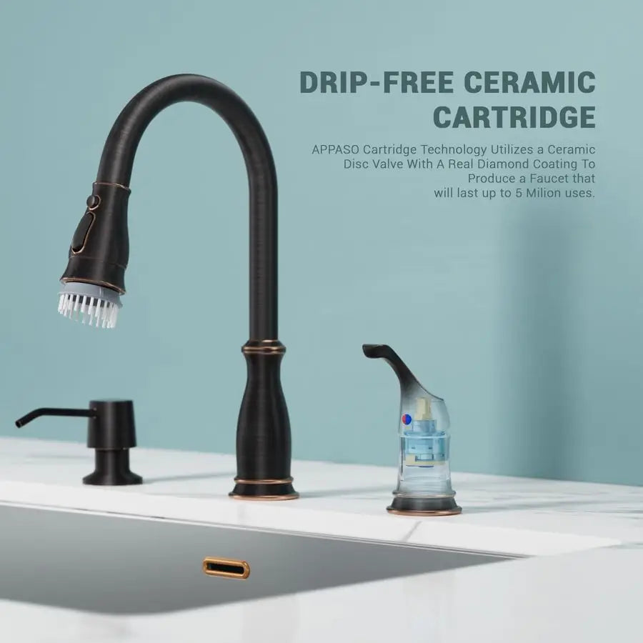3 Hole Kitchen Faucet, Bronze Kitchen Sink Faucet with Pull Down Sprayer 3 Modes for 23 Hole Sink, Oil Rubbed Bronze Faucets wit