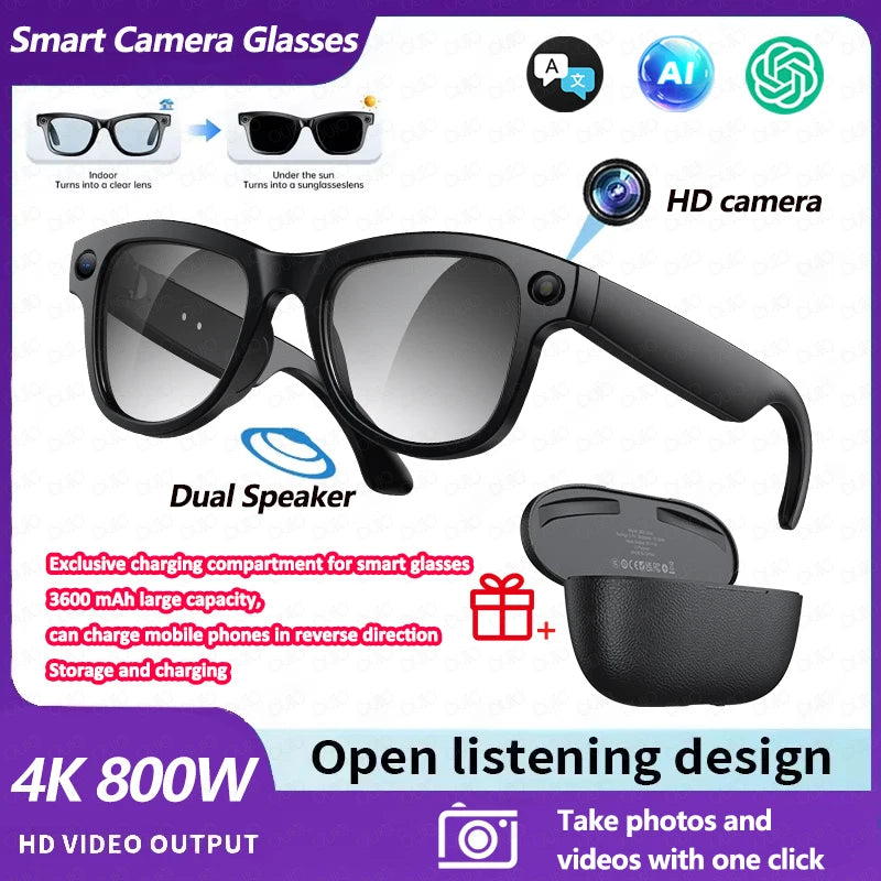 2026 New 3600mAh Large Battery Smart Glasses 8MP HD Camera Video Recording AI Photo Recognition Translation Voice Sunglasses Men