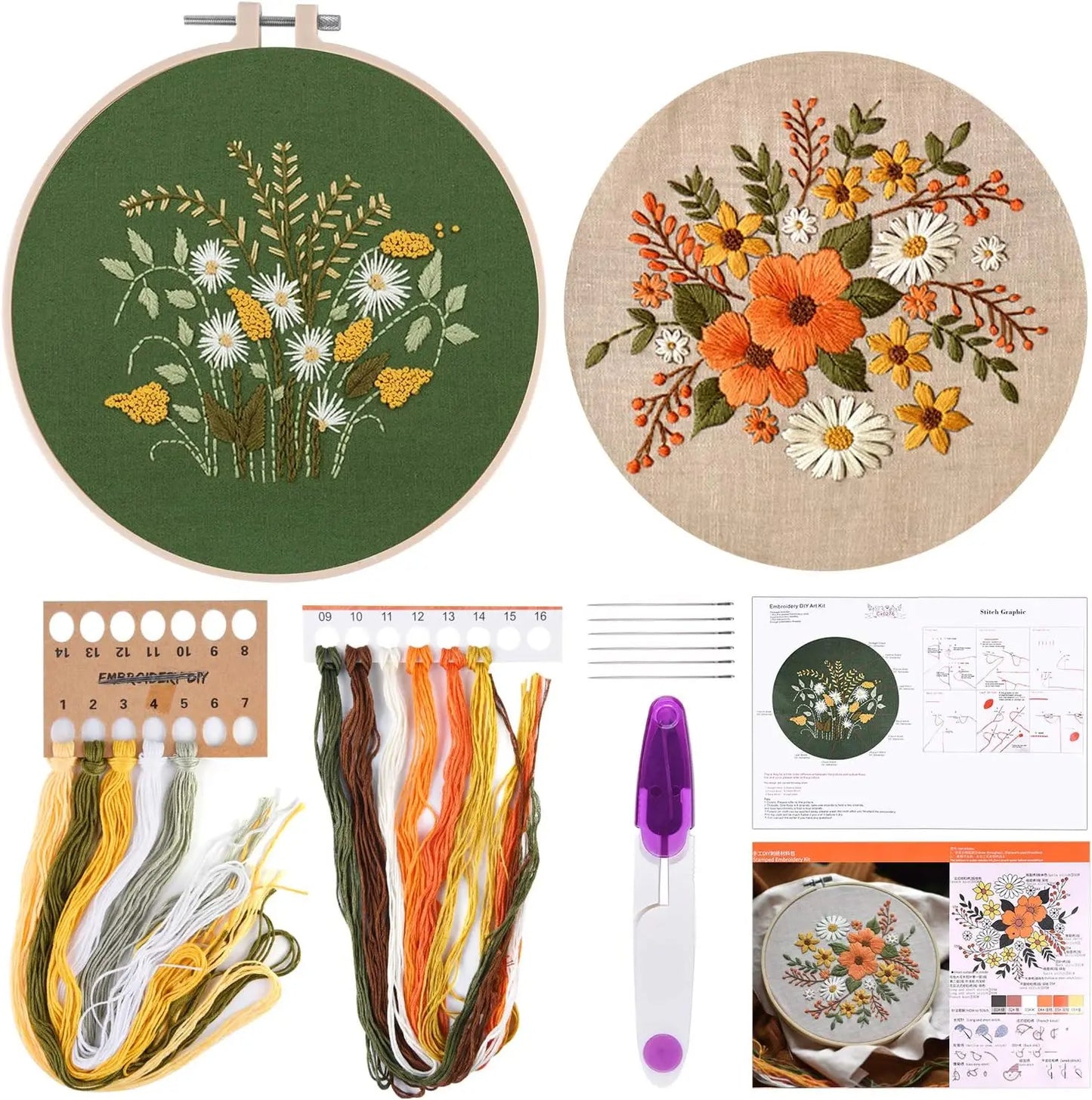 2 Sets Full Range Embroidery Starter Kit with Floral Pattern, Hoops, Scissors for Cross Stitch