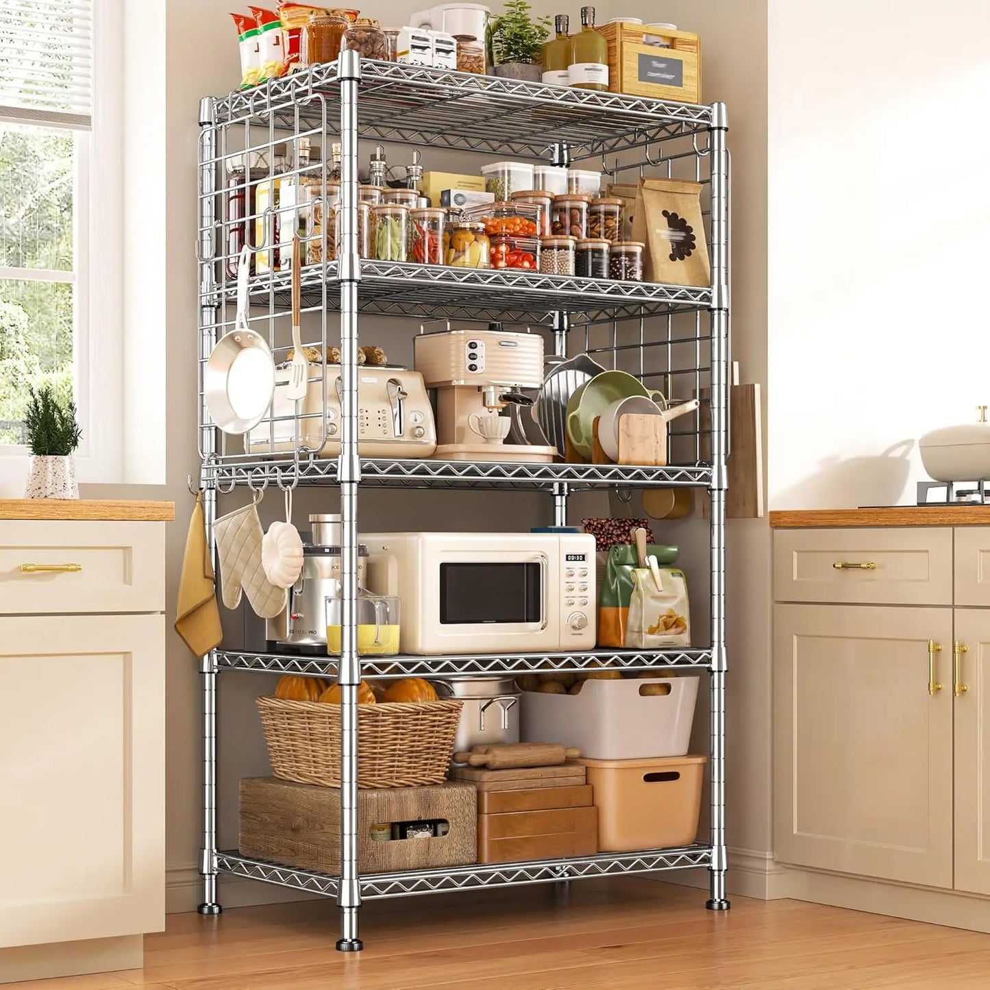 5 Tier Metal Shelving with Side Hanging Net Hooks, Adjustable Storage Shelves,530LBS Wire Shelving for Kitchen,Customized