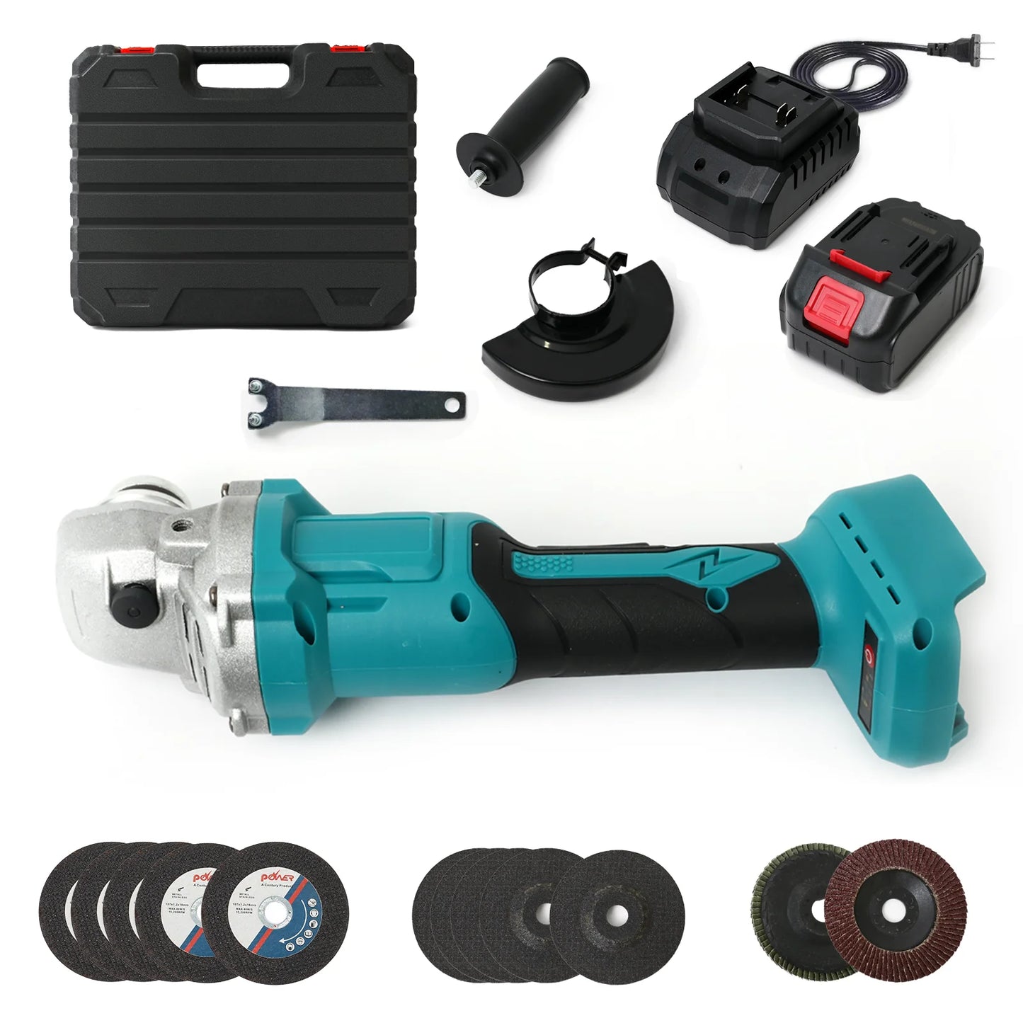 Cordless Angle Grinder Kit Brushless 2x21V-1300mAh Batteries Charger 2 Grinding Wheels 10 Cutting Discs for Cutting Polishing