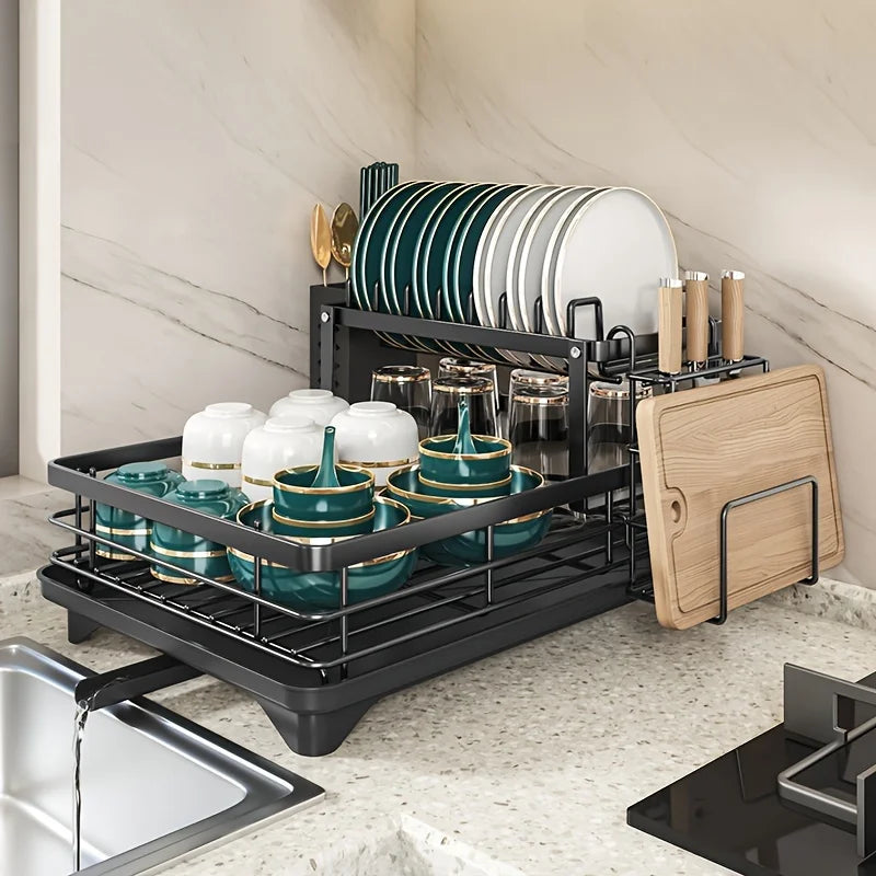 2-Tier Expandable Dish Drying Rack, Metal Kitchen Dish Rack and Drainboard Set with Knife Fork Holder & Cutting Board Organizer for Countertop