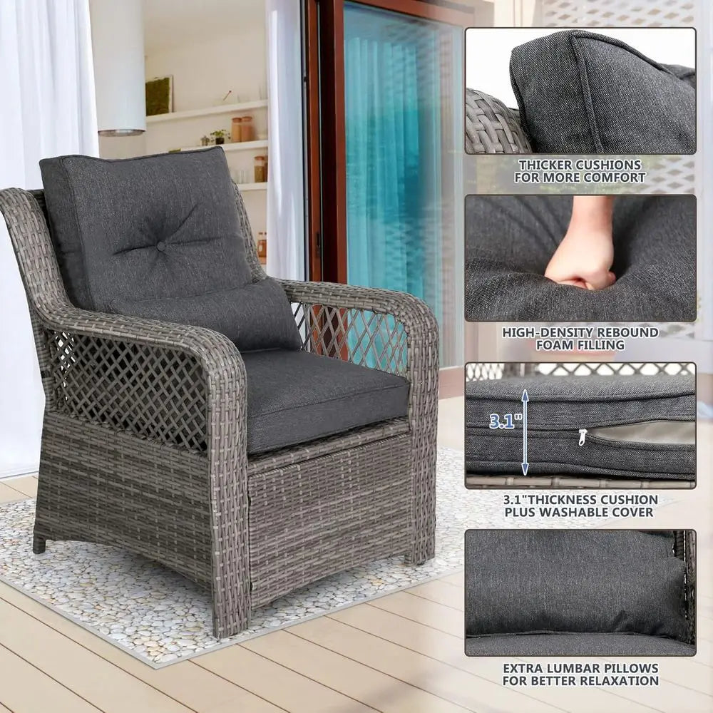 6-Piece Grey Outdoor Wicker Patio Furniture Set with Sectional Sofa, Coffee Table, High Back Chairs, Ottoman, and Cushions for G