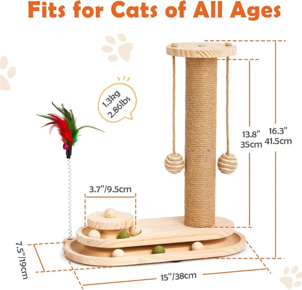 Sisal Cat Scratching Post for Indoor Cats with 2-Tier Ball Track, Interactive Kitten Toy Set with Teaser Wand and Rolling Balls