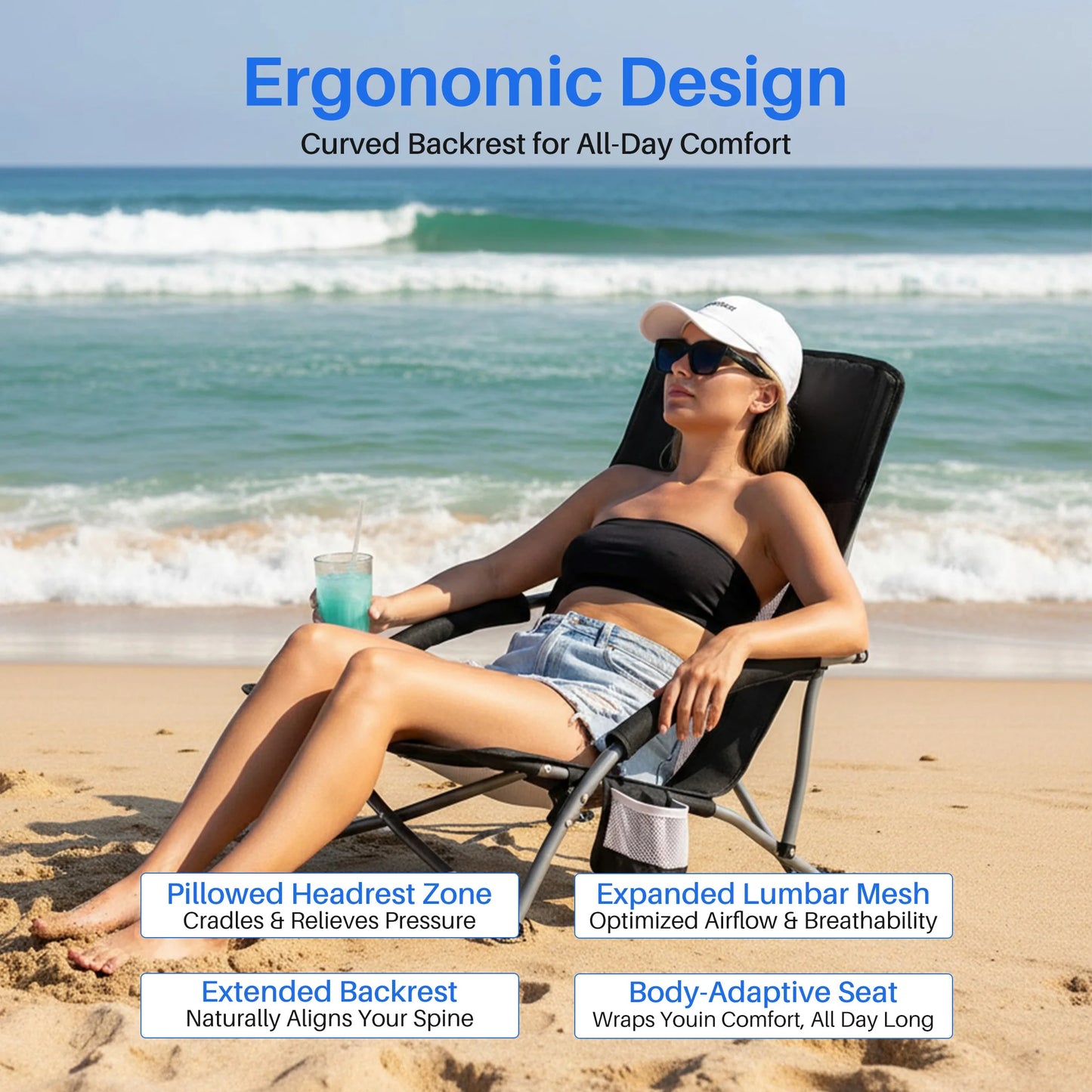 JHK Portable Lightweight Low Camping Beach Chair Mesh Back Padded Armrests Folding Beach Chair with Cup Holder Storage Pocket for Camp Picnic Lawn