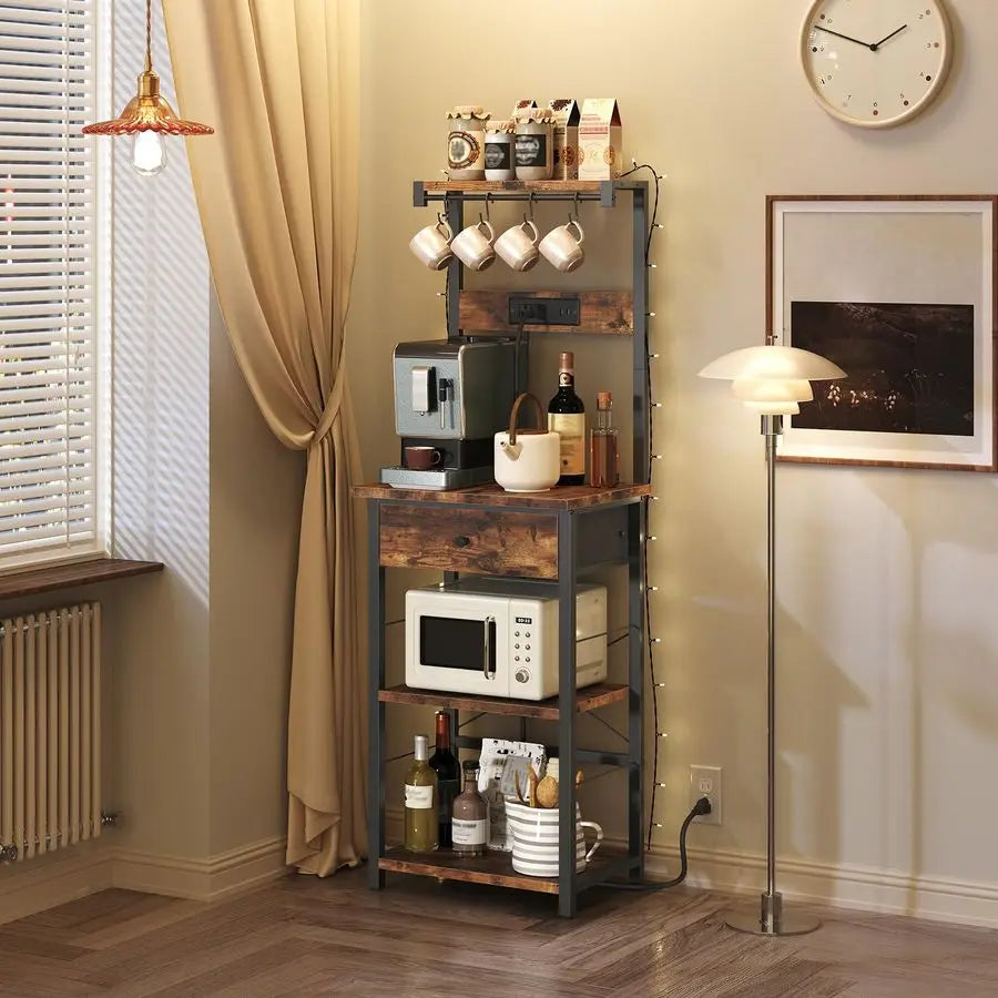Rack with Drawer, Microwave Stand with Power Outlet, Coffee Bar Station with 4 Hooks, Kitchen Storage Shelf Rack 4 Tiers, for Ki