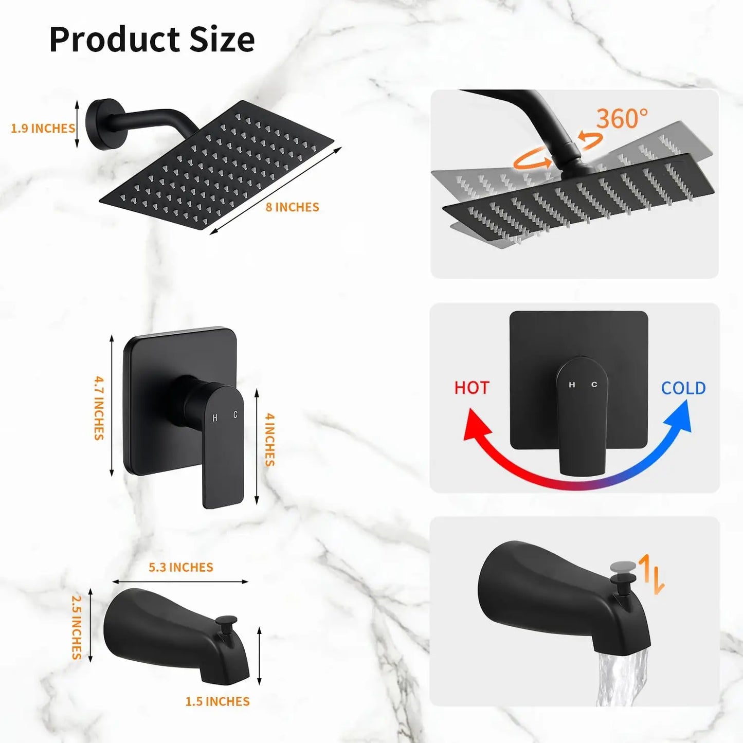 Matte Black Tub Shower Faucet Set with 8-Inch Rainfall Head, Spout, and Trim Kit